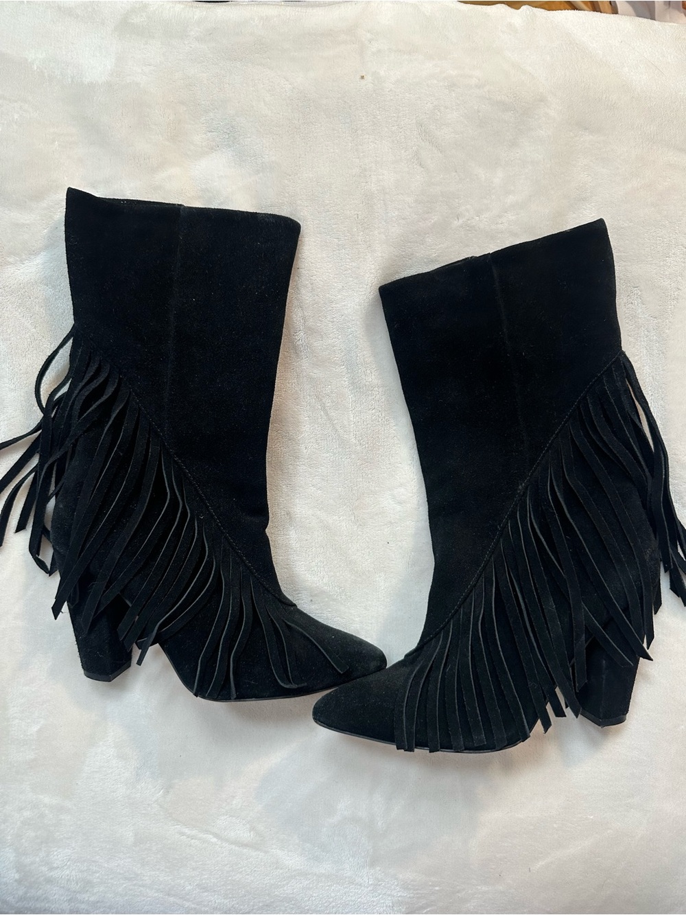 Splendid Black Suede Fringe Mid-Heel Boots, EUC